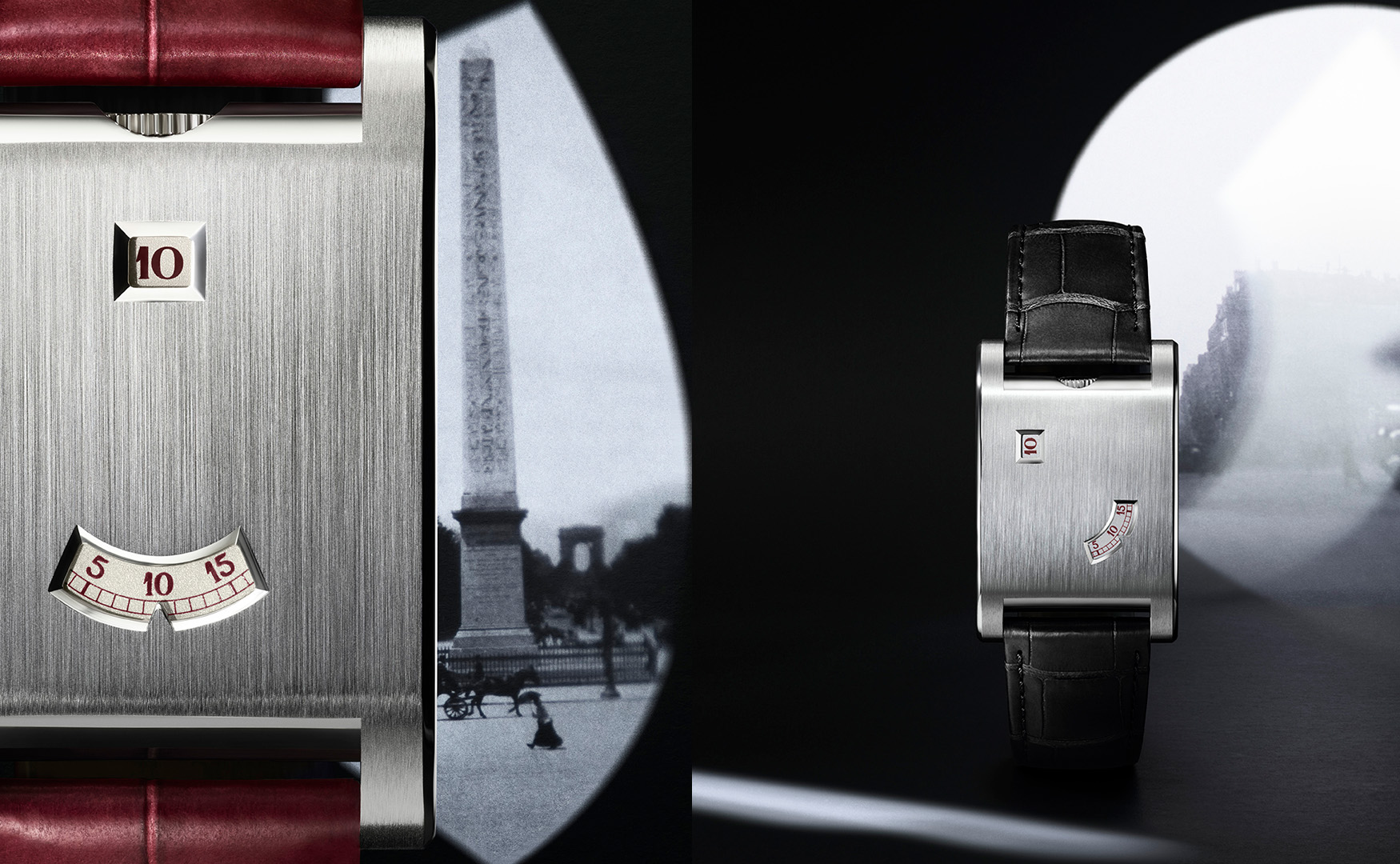 卡地亞全新Tank à Guichets腕錶呈獻兩種款式,第一款沿用了1928年腕錶的外觀,小時視窗設於12時位置,分鐘視窗設於6時位置。第二款作品以鉑金製作而成,兩個視窗呈傾斜角度。