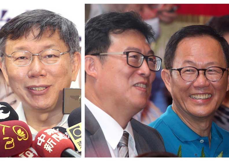 柯文哲（左圖）誇下海口說用8000萬打北市長選戰，對手姚文智（右圖左）、丁守中（右圖右）並不苟同。