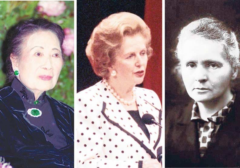 自然領綱加入性平概念，課審委員舉例教科書寫到居里夫人，不以冠夫姓的稱謂出現，引發討論。右起為居里夫人、柴契爾夫人、蔣夫人。 圖取自維基百科、聯合報系資料照片