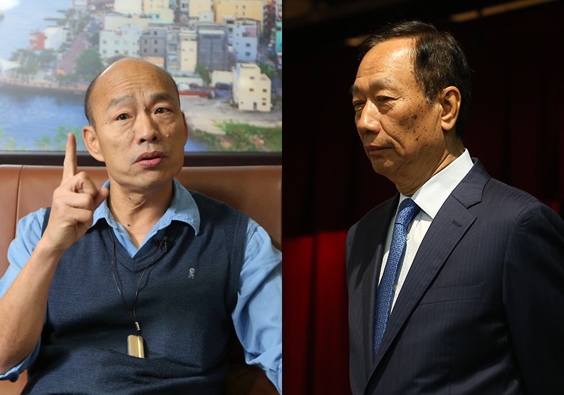 高雄市長韓國瑜（左）與鴻海創辦人郭台銘（右）。陳之俊、蘇義傑攝