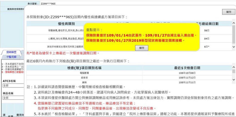 健保署建置「高風險地區入境日期資料」提示再升級，1848名14天內自湖北省（含武漢市）返台、健保資格者，就醫插健保卡，系統就會自動跳出視窗。健保署提供