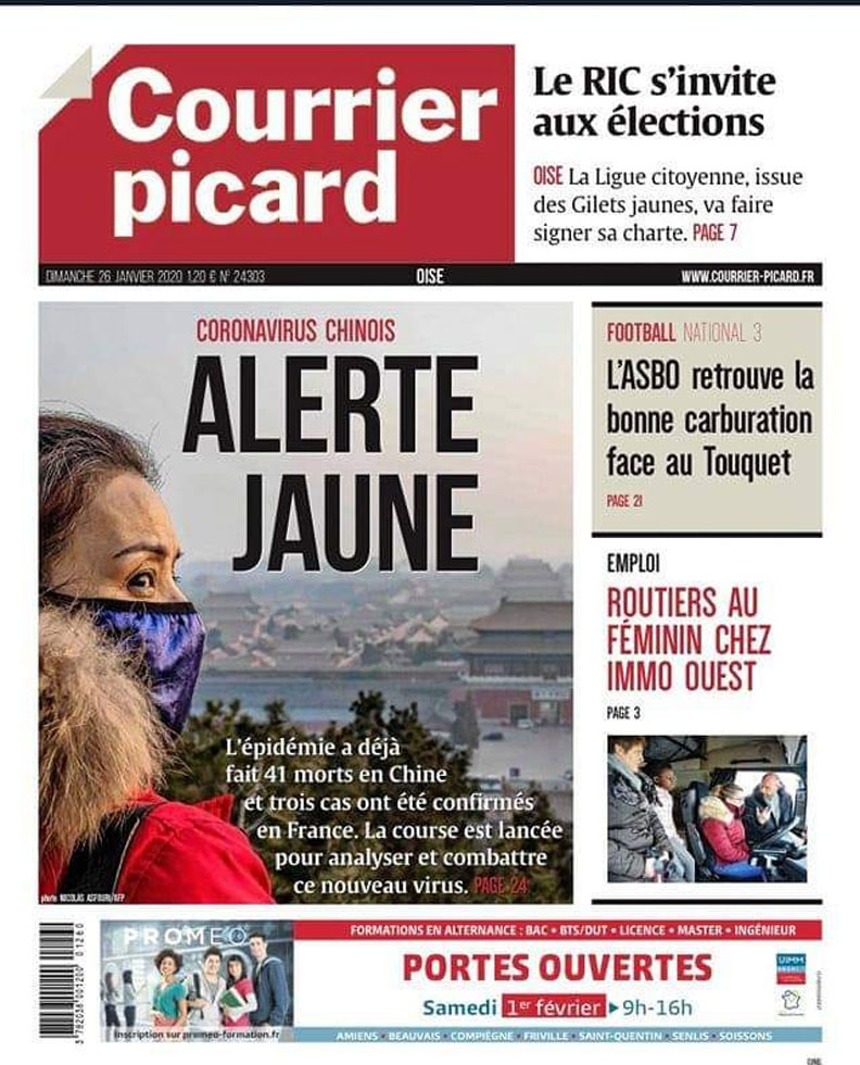 法國報社用「黃色警報」(Alerte jaune)和「黃禍?」(Le péril jaune?)來報導武漢肺炎。