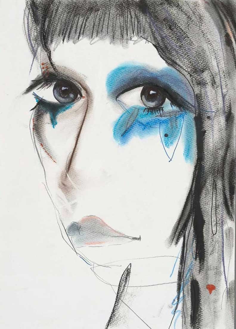 素描的自畫像中,同樣呈現楊林深邃的大眼睛,眼周有暈染開的色彩。(楊林提供)