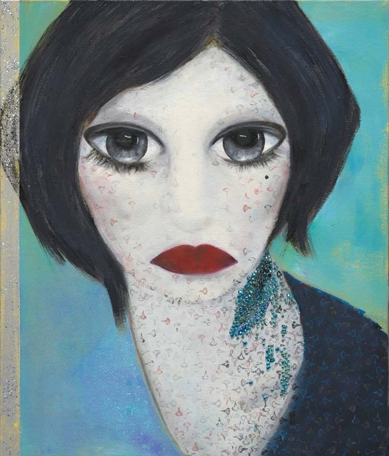 細看自畫像中的臉龐及脖子上,有密布的小釘子圖案。(楊林提供)