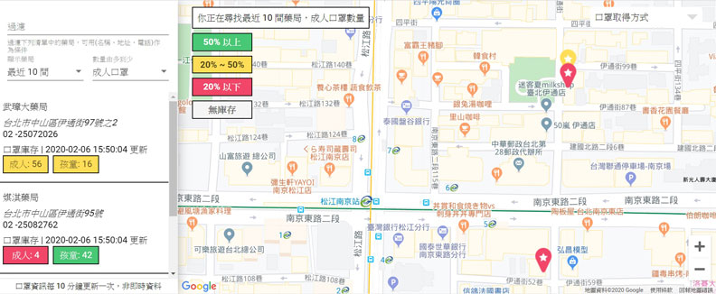 資訊工程師吳展瑋與Google開發者夥伴，將超商口罩地圖升級為藥局地圖。截圖自即時口罩地圖