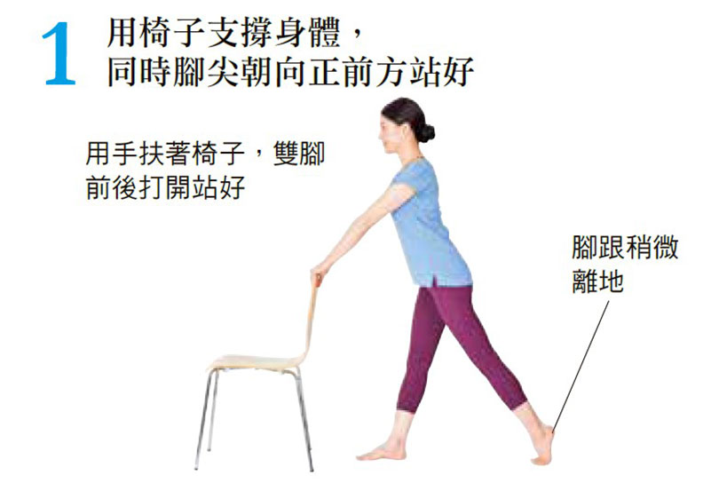 用椅子支撐身體,同時腳尖朝向正前方站好。