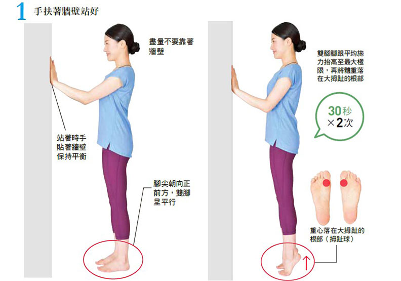 手扶著牆壁站好。