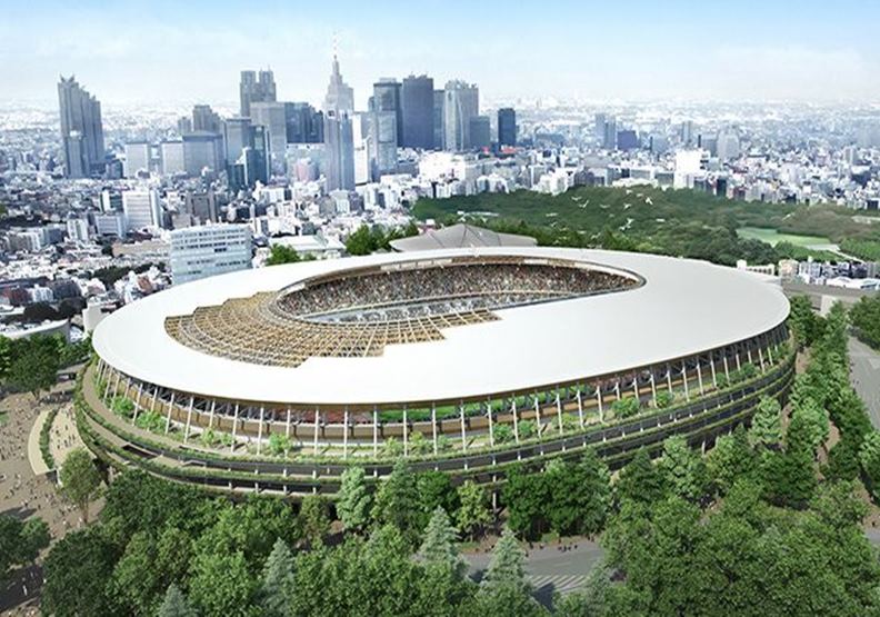由隈研吾、大成建設、梓設計團隊所提出新國立競技場預算,足足比原來由札哈.哈蒂所提出的預算省了近1500 億日圓。(取自大成建設、梓設計與隈研吾建築都市設計事務所示意圖)