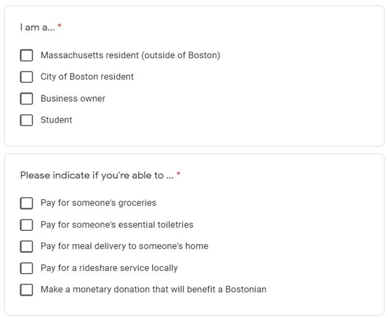 Boston Helps直接採用雲端工具表單,讓民眾自行上網填寫需求及協助意願。
