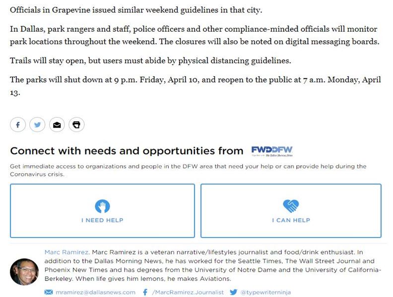 DallasNews.com每篇疫情相關文章下方,都看得到Be-a-Neighbor的資訊。