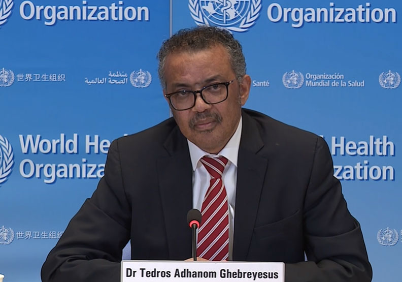 WHO祕書長譚德塞（Tedros Adhanom Ghebreyesus）。擷取自WHO youtube 記者會