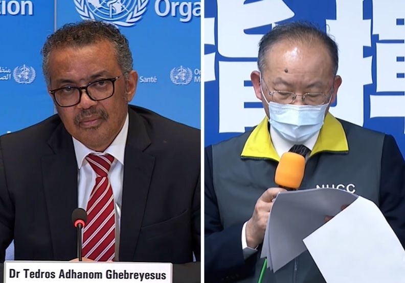 圖／WHO秘書長譚德塞（Tedros Adhanom Ghebreyesus）（左）、外交部國際組織司司長陳龍錦（右）。擷取自WHO、衛福部疾管署youtube記者會