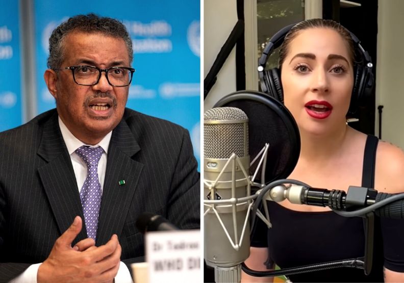圖／WHO秘書長譚德塞（Tedros Adhanom Ghebreyesus）、知名藝人女神卡卡（Lady Gaga）。取自@DrTedros twitter、擷取自Global Citizen YouTube