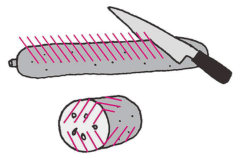 小黃瓜先雙斜切再醃漬。