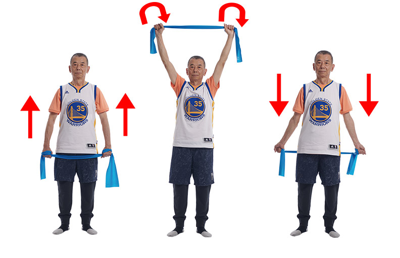 手握彈力帶做繞圈動作,可改善筋膜柔軟度。
