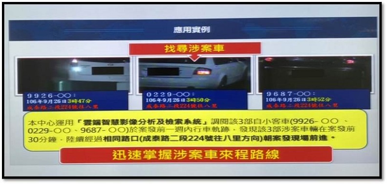 新北市政府警察局運用「雲端智慧影像分析及檢索系統」迅速找出涉案車輛。