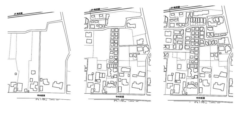 Y 計畫周邊地圖。可看出沿著古老街道發展的農村,腹地(北側)逐漸形成市區的樣子。