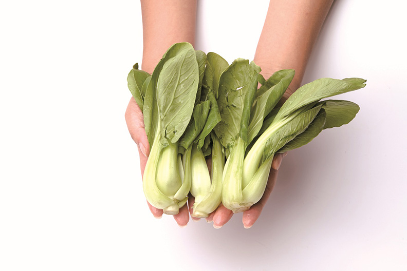 雙手捧青江菜(約3棵)≒100公克。