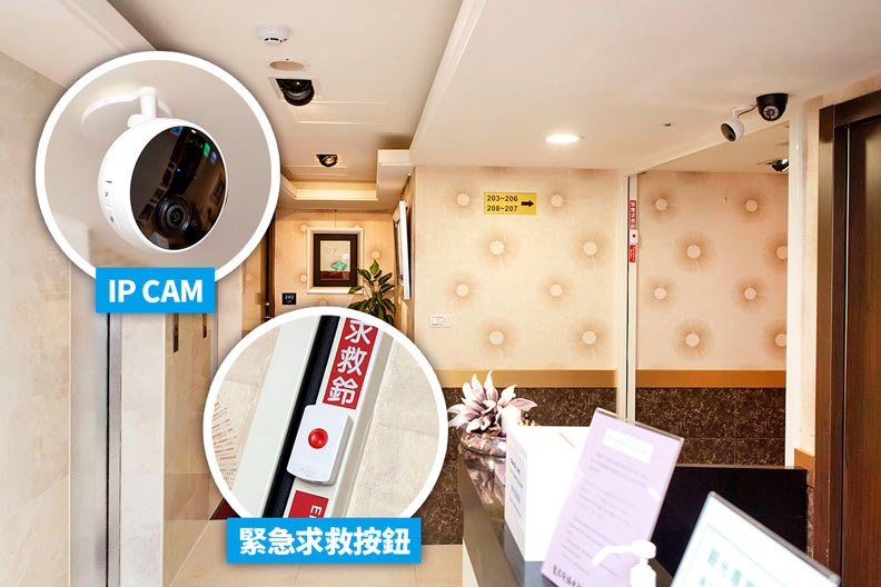 在電梯、櫃檯旁的重要出入口,安裝IP CAM與緊急求救按鈕,房客遇到可疑人物或發生意外可求救。