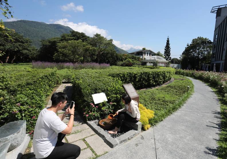 在進入香草迷宮前,先脫下鞋襪,以清水洗淨雙腳,靜下心再前行。