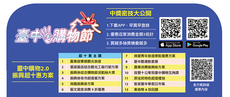 下載臺中購物節APP即時消費即時登錄，累積抽獎機會。