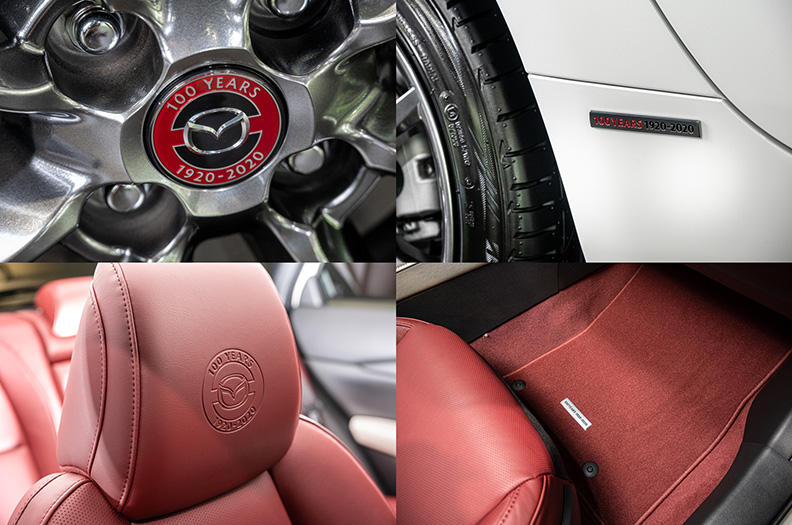 葉子板鑲嵌「1920-2020」字樣的專屬紀念銘版、輪圈蓋飾以100週年紀念廠徽、座椅頭枕烙印上100週年紀念廠徽搭配專屬紀念酒紅踏墊。