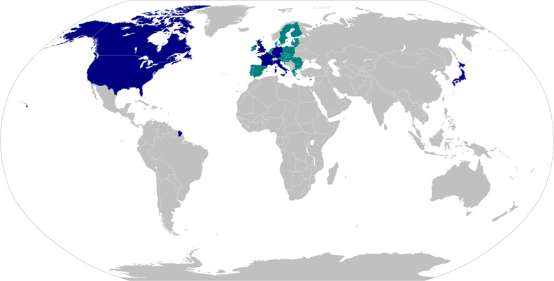 藍色區塊為七大工業國組織,目前成員為美國、加拿大、英國、法國、德國、義大利及日本。取自維基百科