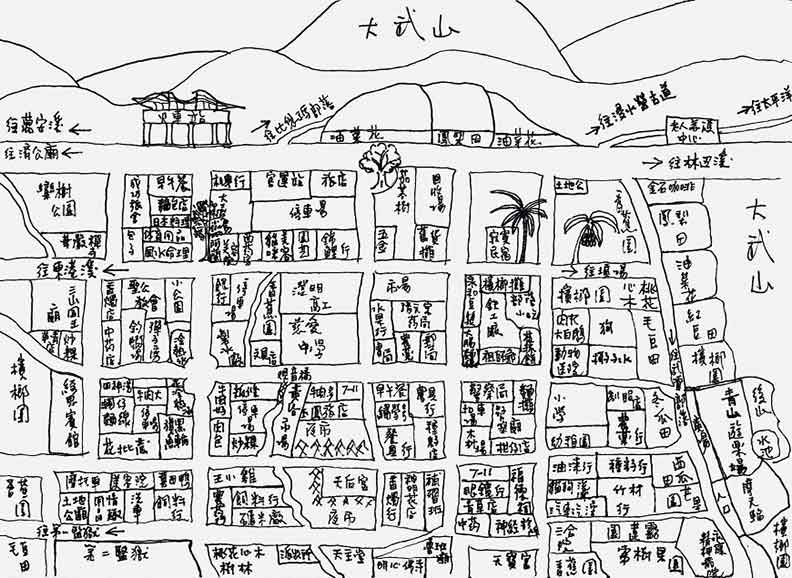 龍應台親手繪製的《大武山下》小鎮地圖。