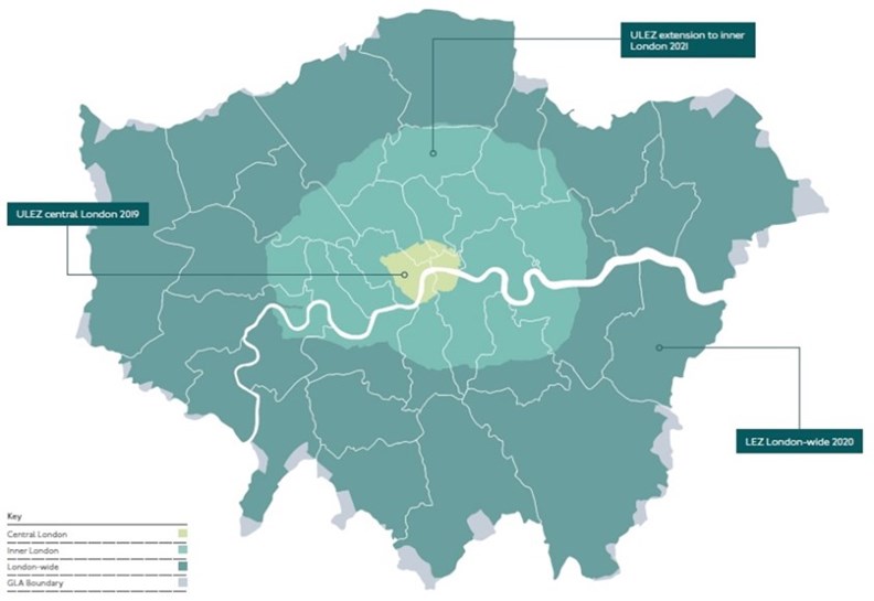 倫敦市區規劃的「超低排放區」(ULEZ)。 (source: London Freight and Servicing Action Plan 2019)