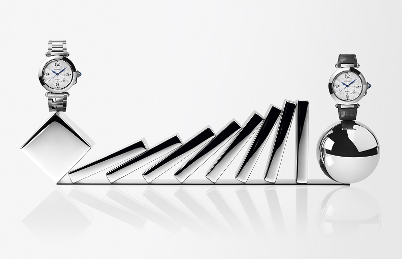 Pasha de Cartier 2020呈獻新作,使腕錶更顯卓爾不凡,為凹槽式錶冠下的上鍊器鑲嵌藍色尖晶石或藍寶石,使結構更臻完美。