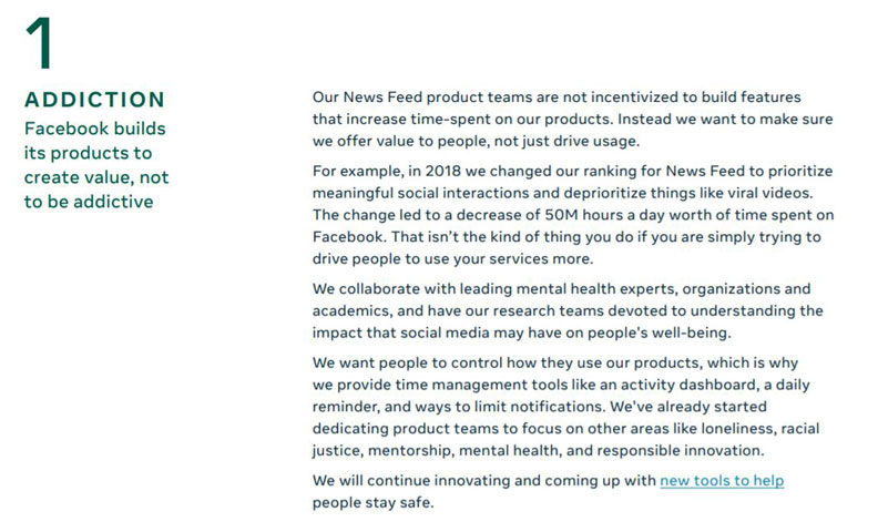 Facebook發出聲明指出並未設計任何上癮機制。