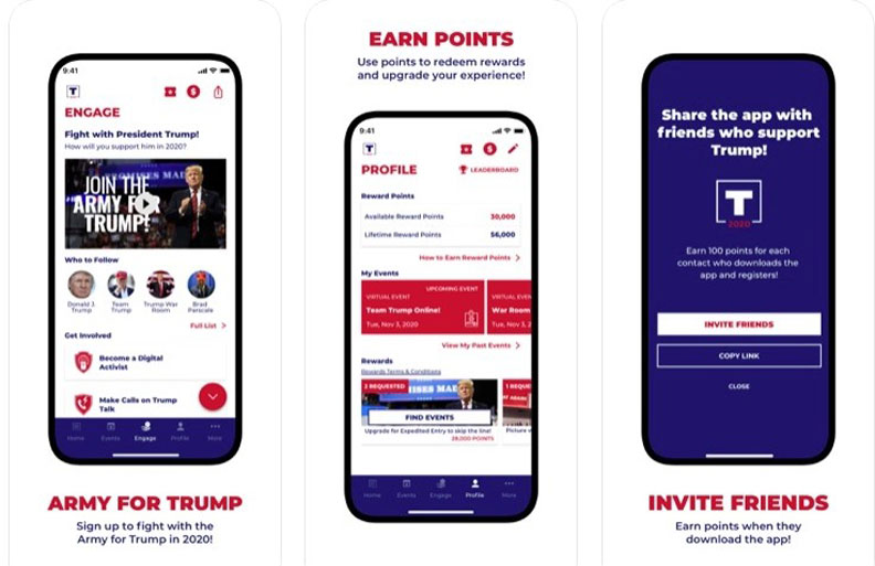 川普推出的官方App「Trump 2020」可以透過轉發、分享等方式累積積分。取自Apple App Store