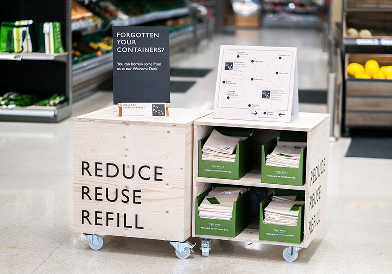 英國waitrose超市,店內出現各種減塑、減少一次性包裝用品的示意圖。綠色和平提供