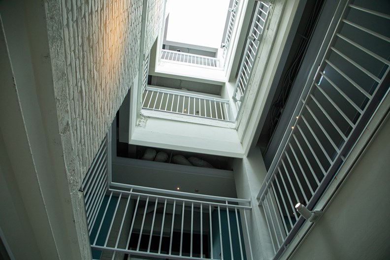 從天井灑落的溫和日光,豐富了內部的光影流動。