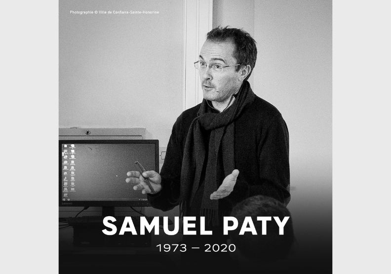 歷史老師帕第(Samuel Paty)因在課堂中展示伊斯蘭先知的諷刺漫畫,遭斬首。取自馬克宏臉書