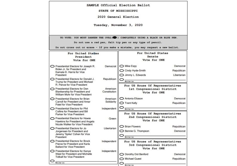 2020美國總統大選選票,以密西西比州選票為例。取自FINAL 2020 sample GE Ballot with Flag