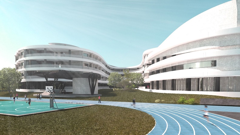 縣府AI園區積極招商中，並結合周邊共融式公園及文中六(非AI園區設置範圍)將形成一個新的特色區域，流動設計的文中六（國中）也帶動城市美學。（圖自新竹縣政府提供）