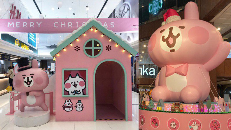 中友百貨在1樓打造6.2米高超大型粉紅兔兔氣球。信賴互動提供