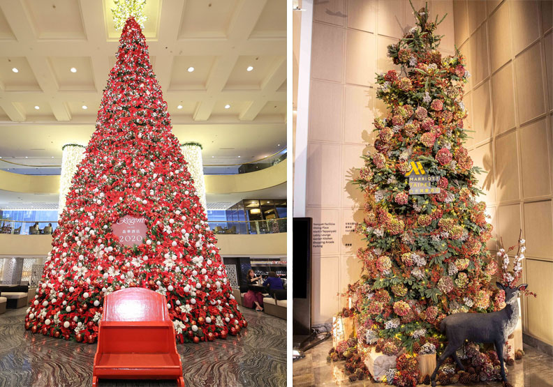 台北晶華酒店中庭、樓高三層的巨型聖誕樹(左);台北萬豪酒店自然系、全真松的最高聖誕樹(右)。台北晶華酒店、台北萬豪酒店提供
