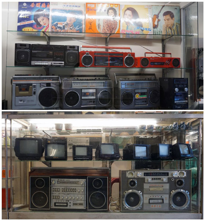 店內隨處可見年代久遠的老古董,有留聲機、老式唱片機、真空管音響、黑膠唱盤機。