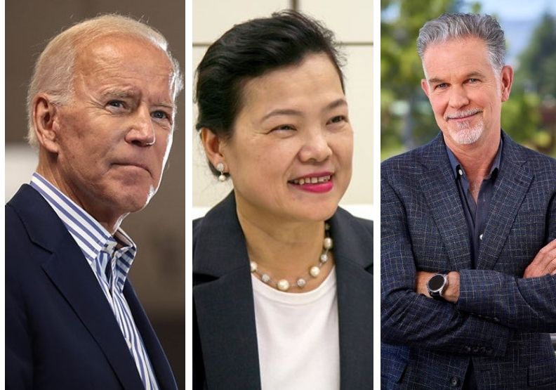 圖／左起新任美國總統拜登、經濟部長王美花、Netflix 創辦人暨執行長海斯汀（Reed Hastings）。Flickr by Gage Skidmore,經濟部官網,NETFLIX官網