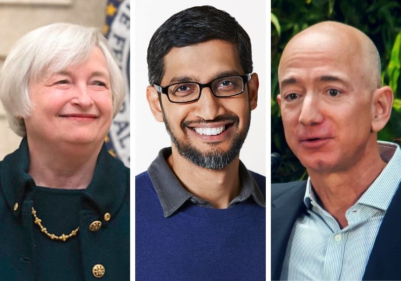 圖／左美財長葉倫、Google執行長皮采（Sundar Pichai）、Amazon執行長貝佐斯（Jeff Bezos）。取自Flickr by Federalreserve、google、wikipedia。