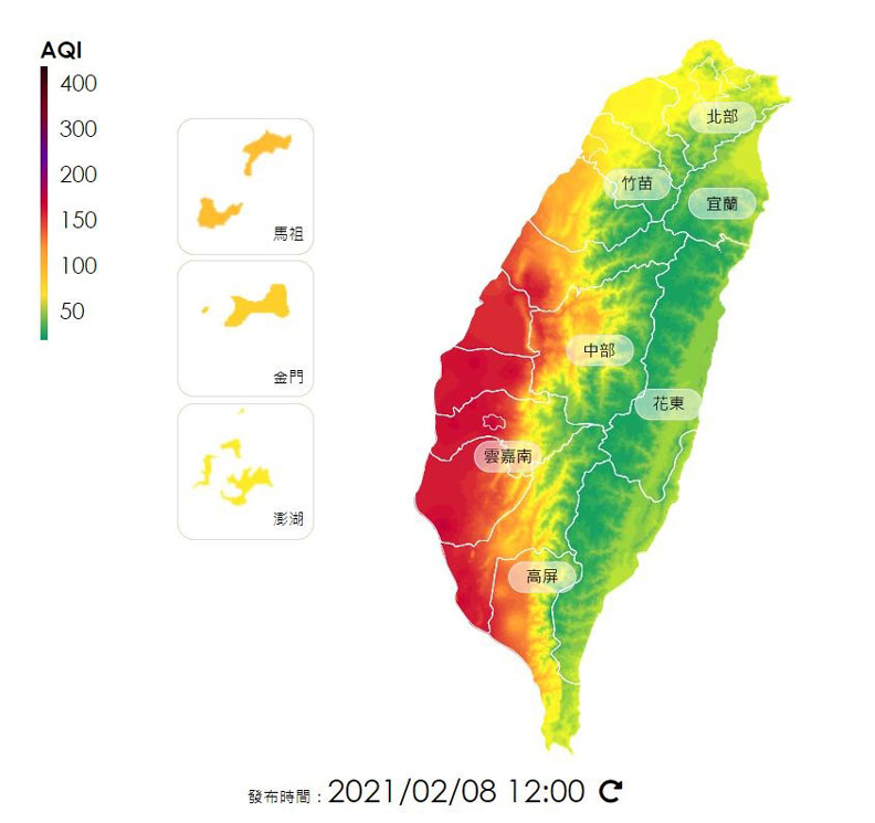 根據環保署空氣品質監測網，截至8日上午11時共29測站空氣品質達紅色警示等級，集中在台中以南至高雄等區域。取自空氣品質監測網頁
