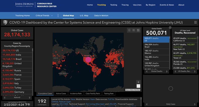 美國約翰霍普金斯大學統計，截至22日下午，美國新冠肺炎死亡人數突破50萬人。取自約翰霍普金斯大學