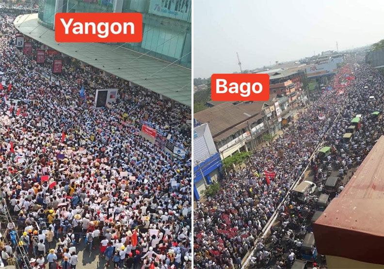 緬甸首都仰光(左)與勃固(右)的民眾抗議畫面。緬甸華僑提供