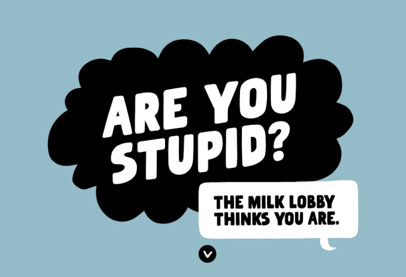 Oatly與多家植物奶業者與環保組織發起連署,劈頭就說:「你笨嗎?這些牛奶業者認為你笨。」。取自Oatly連署網頁