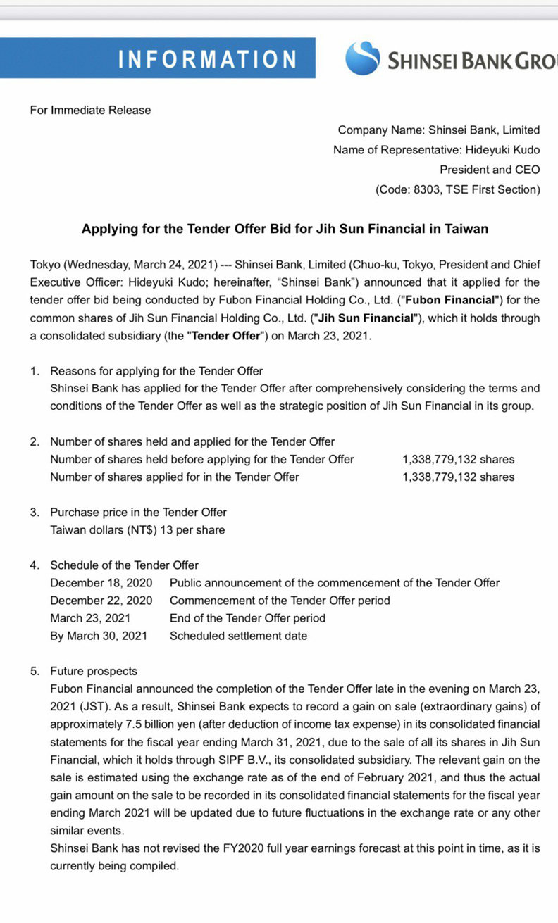 日本新生銀行今(24)日正式公告全數參與富邦金公開收購應賣,以每股13元出清全數13.38億股,預計可挹注貢獻該公司75億日圓獲利。日本新生銀行提供