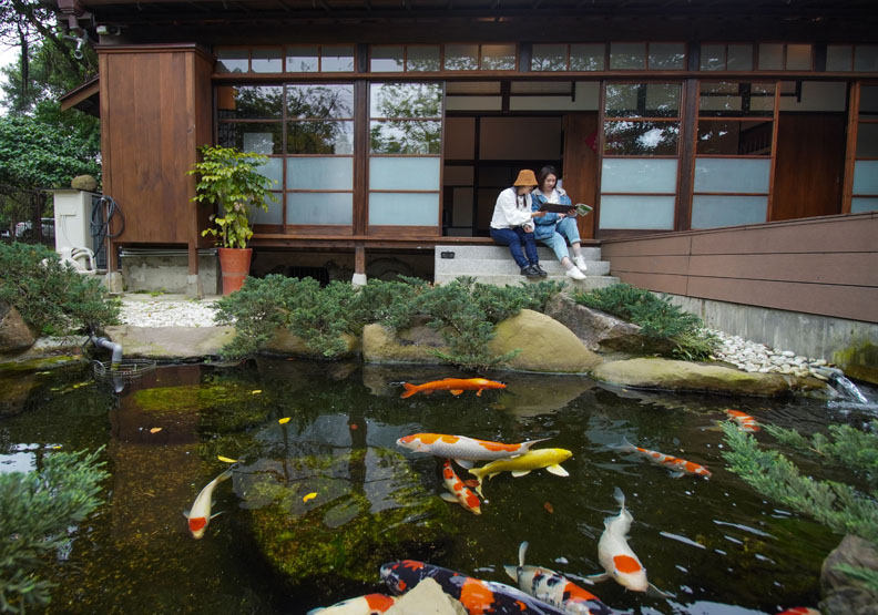 松山療養所所長宿舍靜心苑日式庭園養鯉魚,台北市文化局提供。
