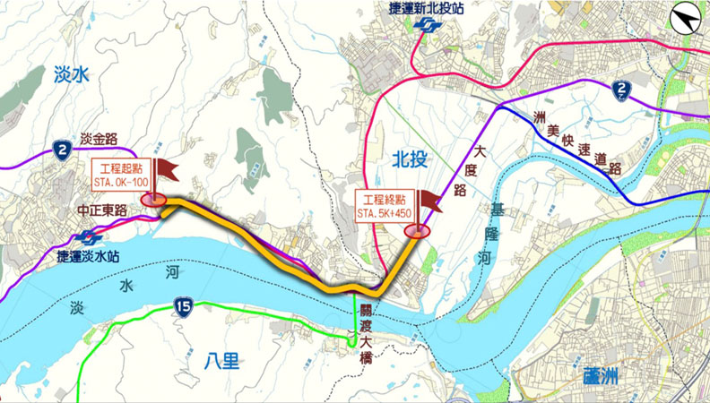 淡北道路起點為淡金路與中正東路口,終點為大度路。取自新北市政府官網。