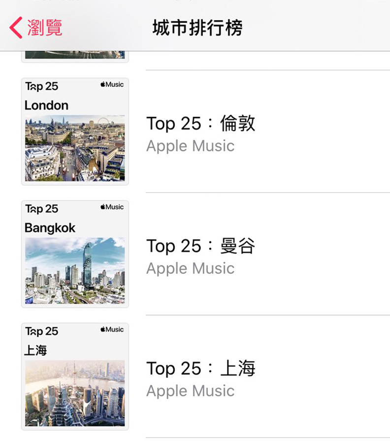 Apple Music 推出了城市排行榜,圖片截取自Apple Music。